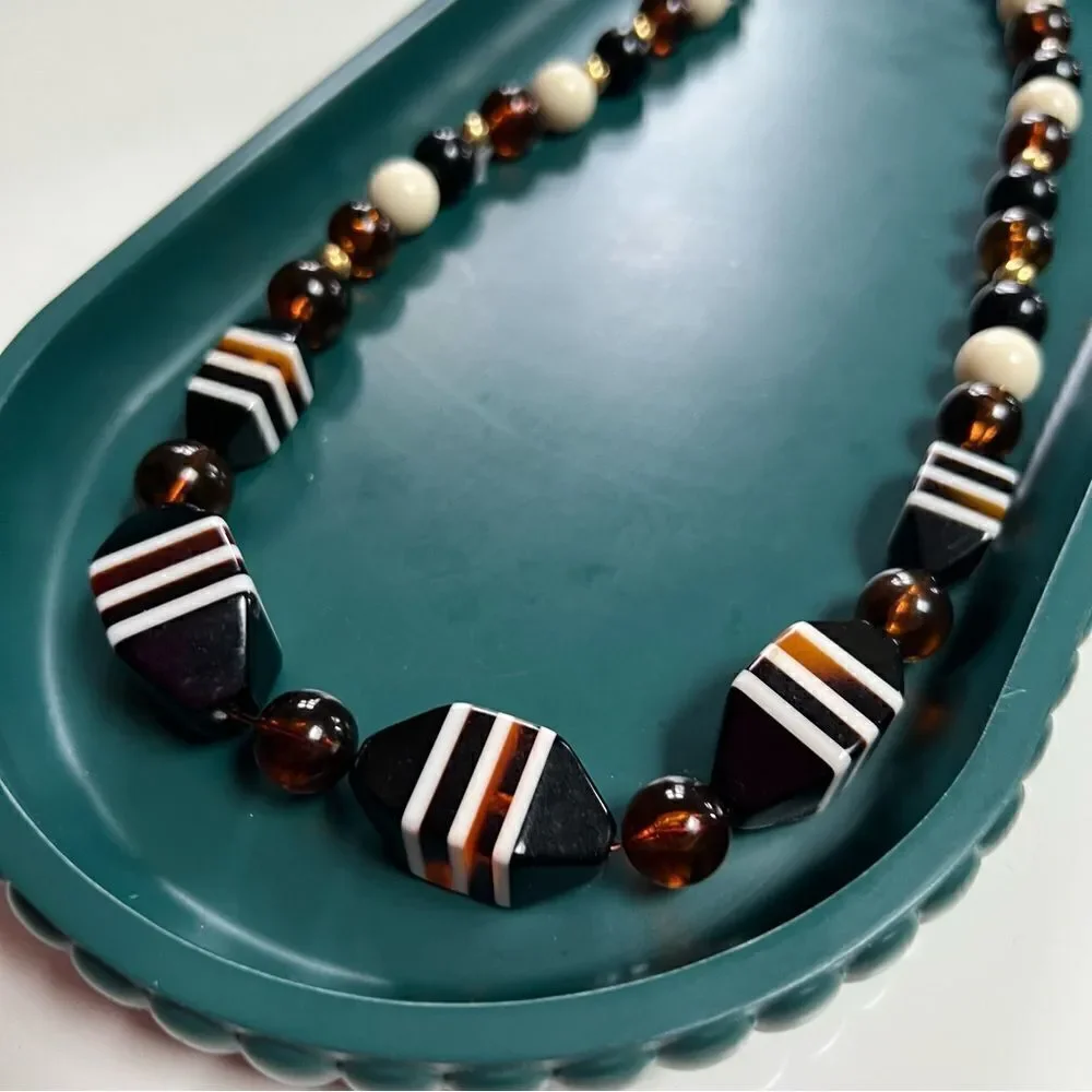 Gorgeous Neutral Tone Vintage 1970s 3D Geometric Block Beads Statement Necklace